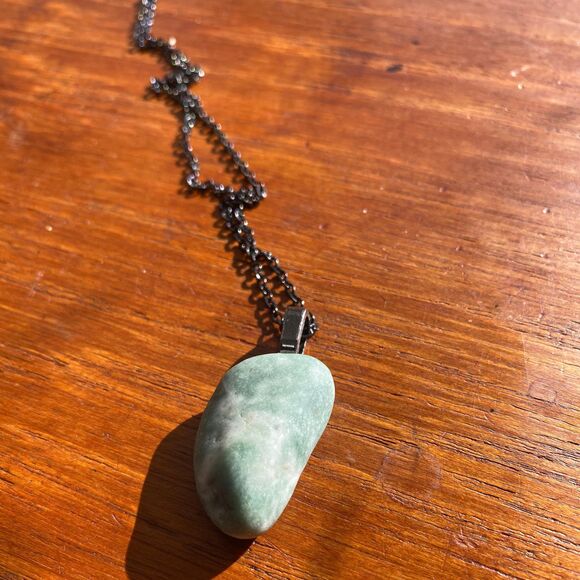 Half-Polished Light Green Oblong Stone Pendant on Black Plated 24 in Chain - Picture 4 of 4